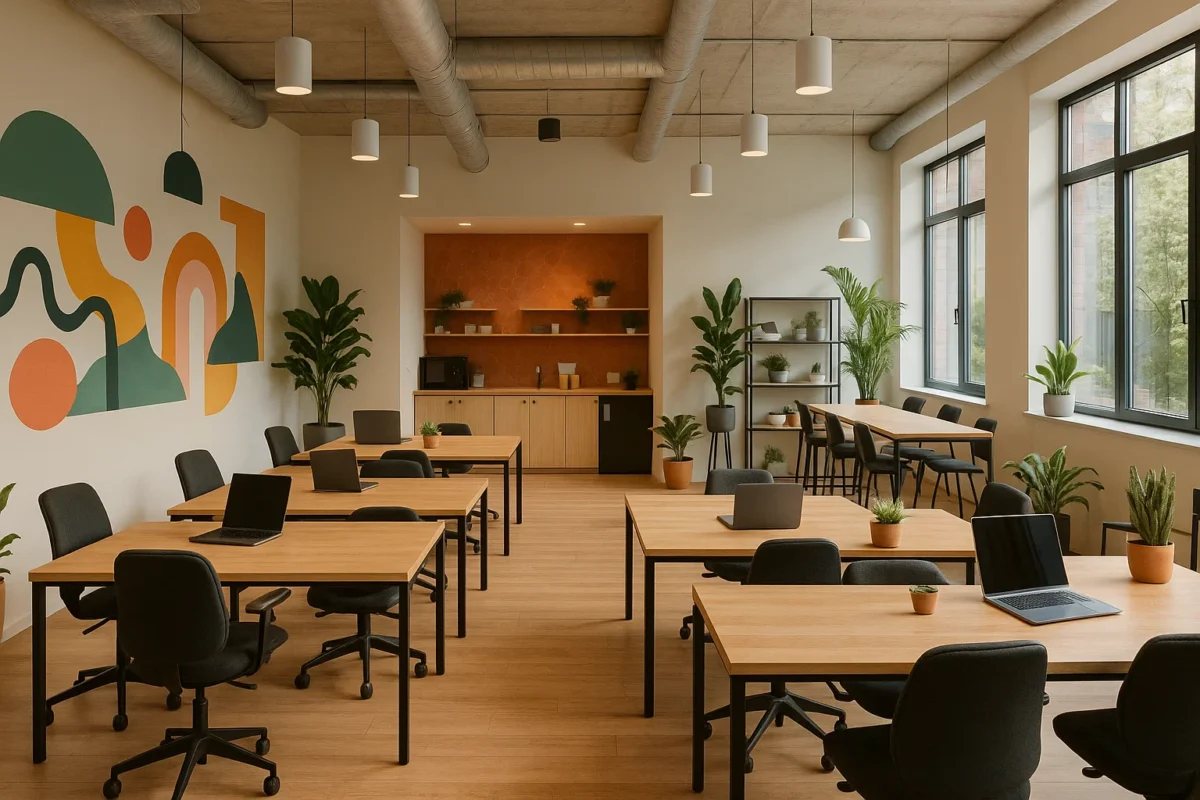 Nowoczesna przestrzeń coworkingowa w Krakowie z jasnym wnętrzem, biurkami i strefą wspólną.