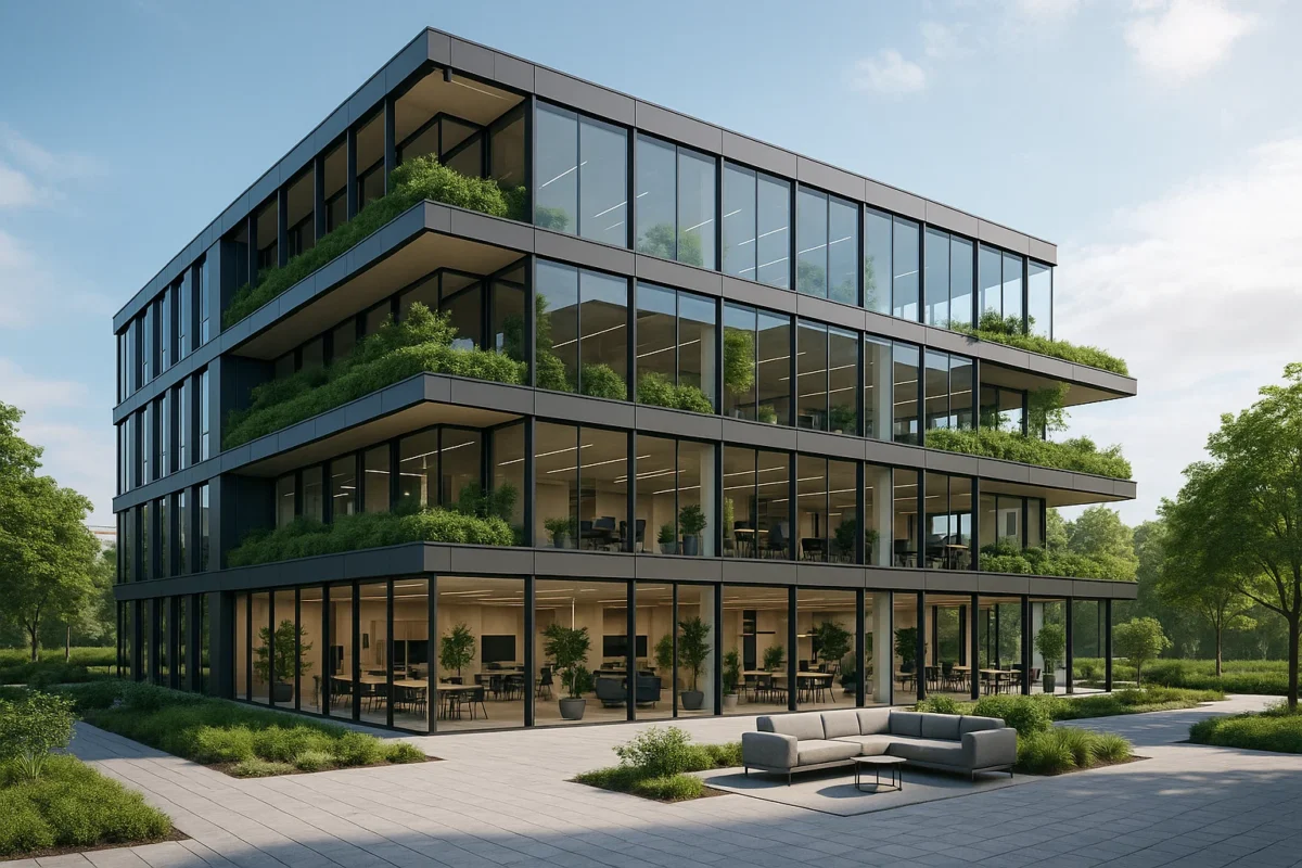 Nowoczesny biurowiec w Krakowie z ekologiczną architekturą i elastycznymi przestrzeniami coworkingowymi.