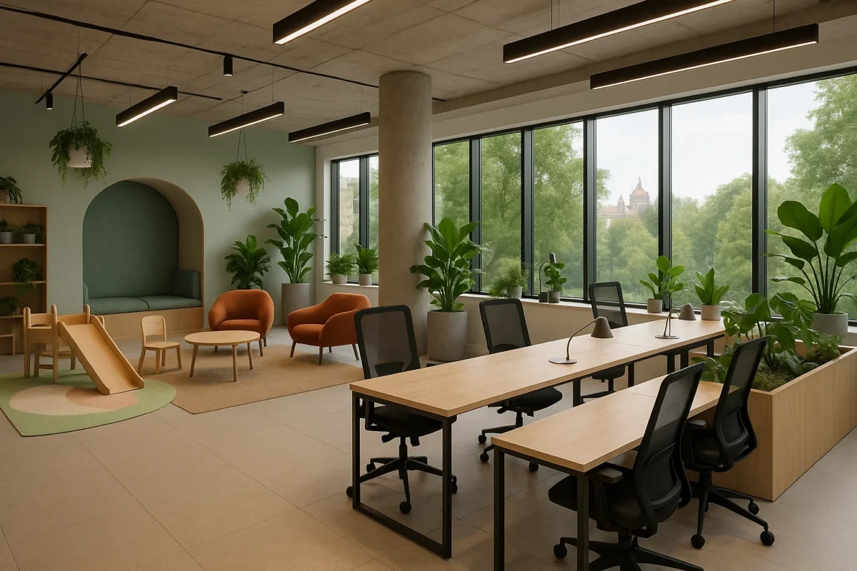 Nowoczesna przestrzeń coworkingowa w Krakowie z elastycznym układem, strefami relaksu i ekologicznym designem.