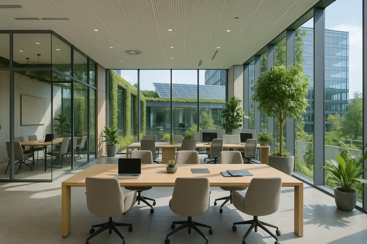 Nowoczesne biuro w Krakowie 2025 z elastycznymi przestrzeniami coworkingowymi i ekologicznym designem.