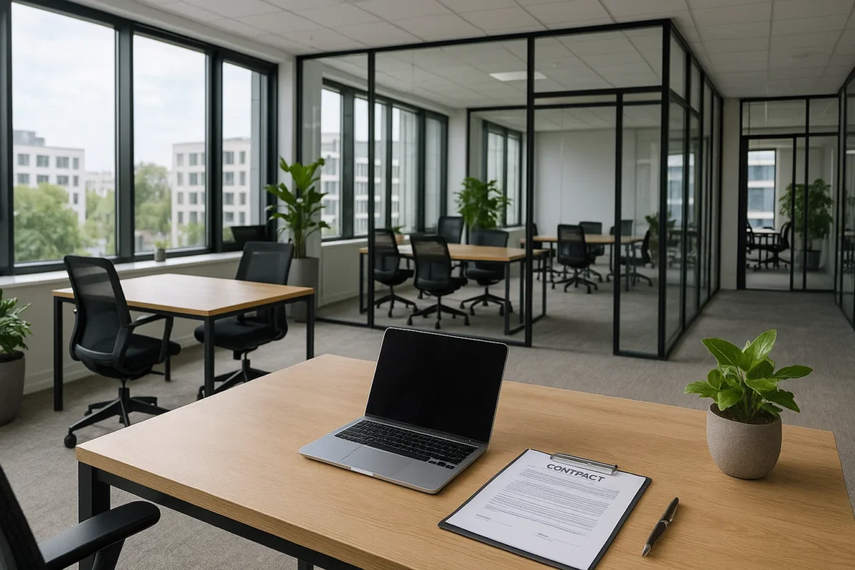 Nowoczesne biuro w Krakowie z elastycznymi przestrzeniami coworkingowymi i elementami prawnymi najmu.